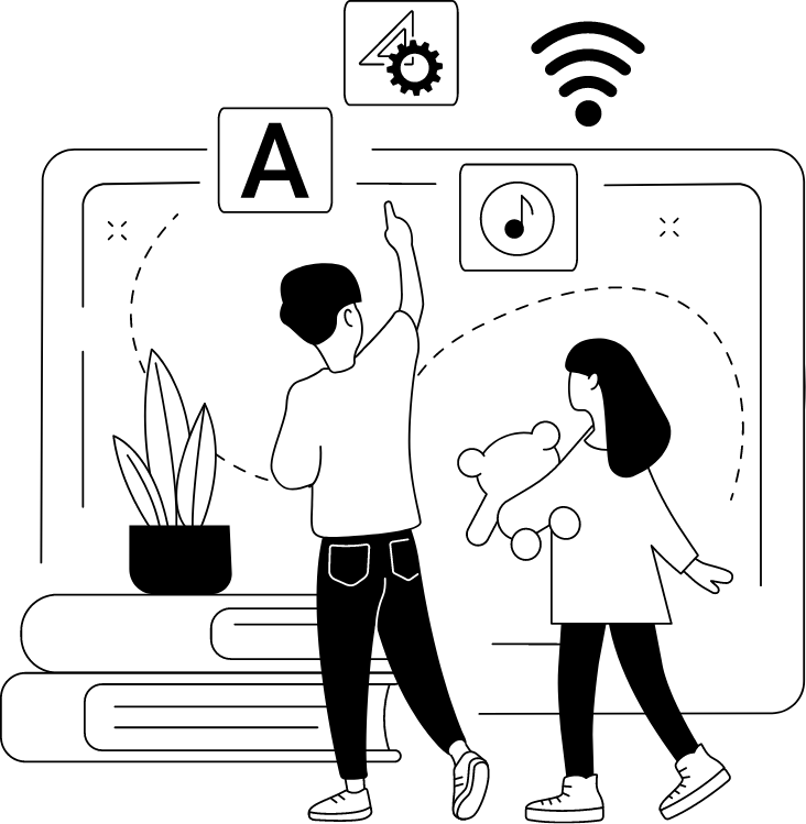 Illustration of children in front of screens and books
